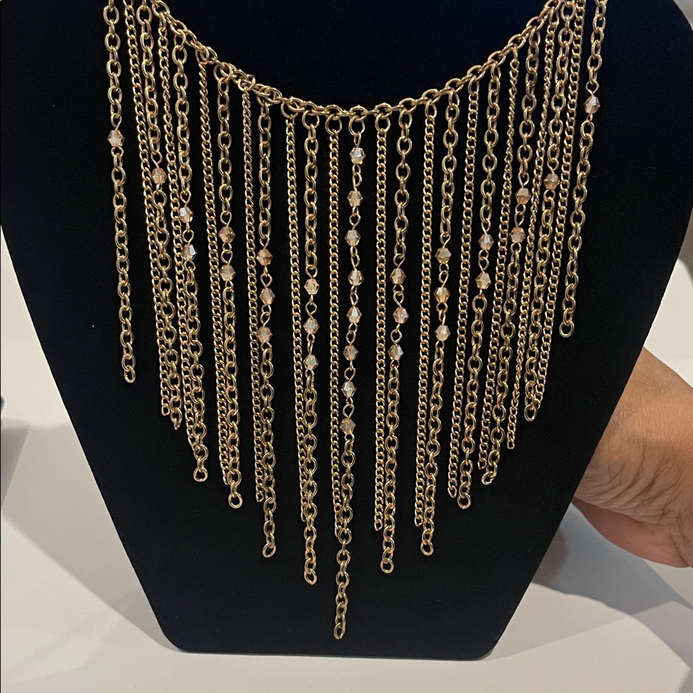 Gold Tone Chain Fringe Statement Necklace Beaded Dangle Bib Style